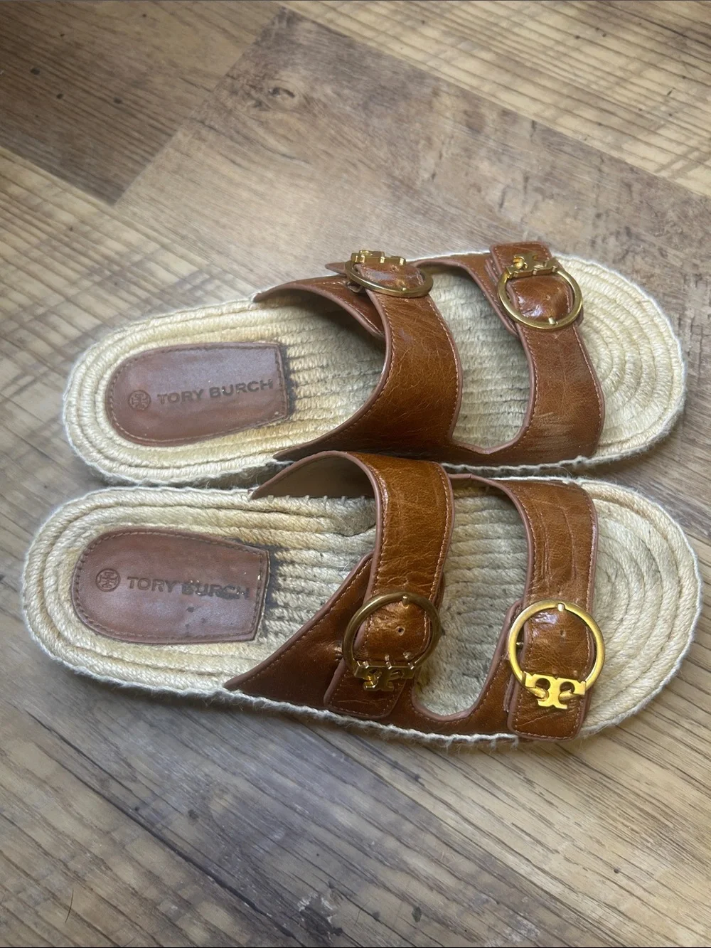 Tory Burch Tan Leather Double-Buckle Espadrille Slide Sandals